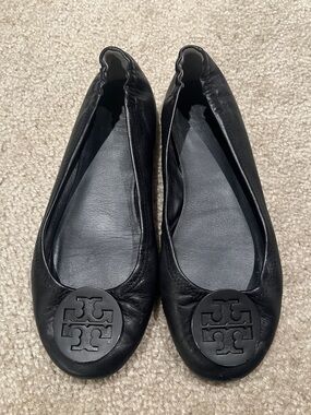 Tory Burch Black Leather Logo Ballet Flats
